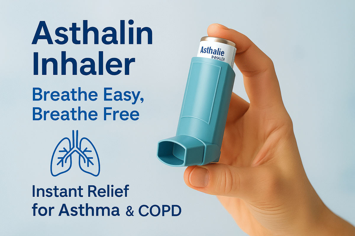 Hand holding an Asthalin Inhaler with text 'Breathe Easy, Breathe Free – Instant Relief for Asthma & COPD