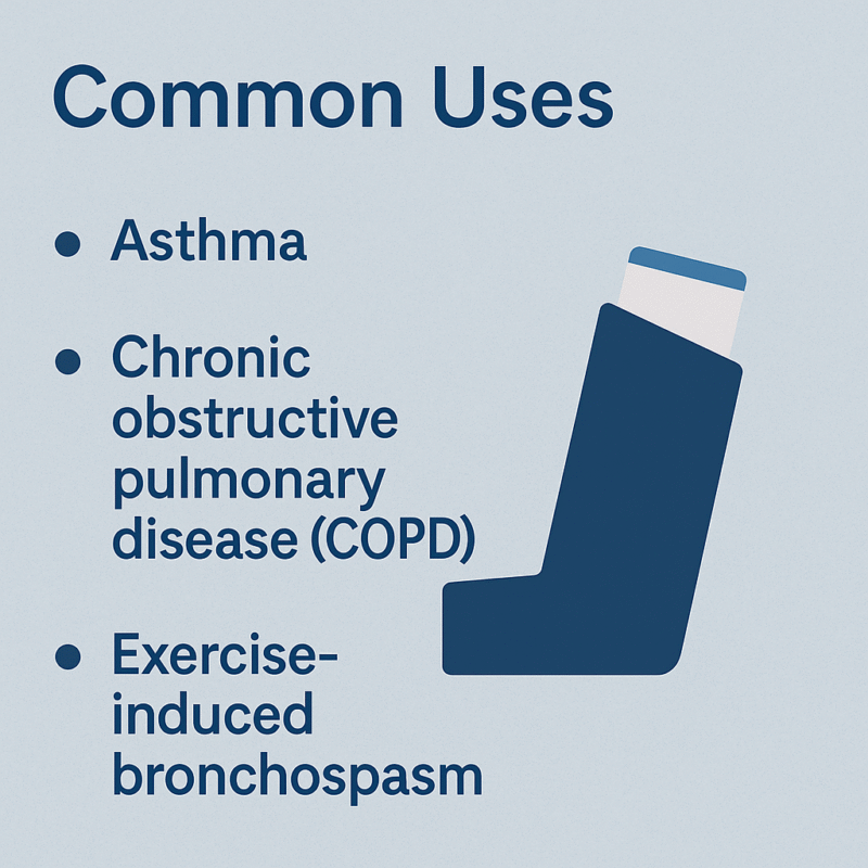 List of common uses for Asthalin Inhaler including asthma, chronic obstructive pulmonary disease (COPD), and exercise-induced bronchospasm.